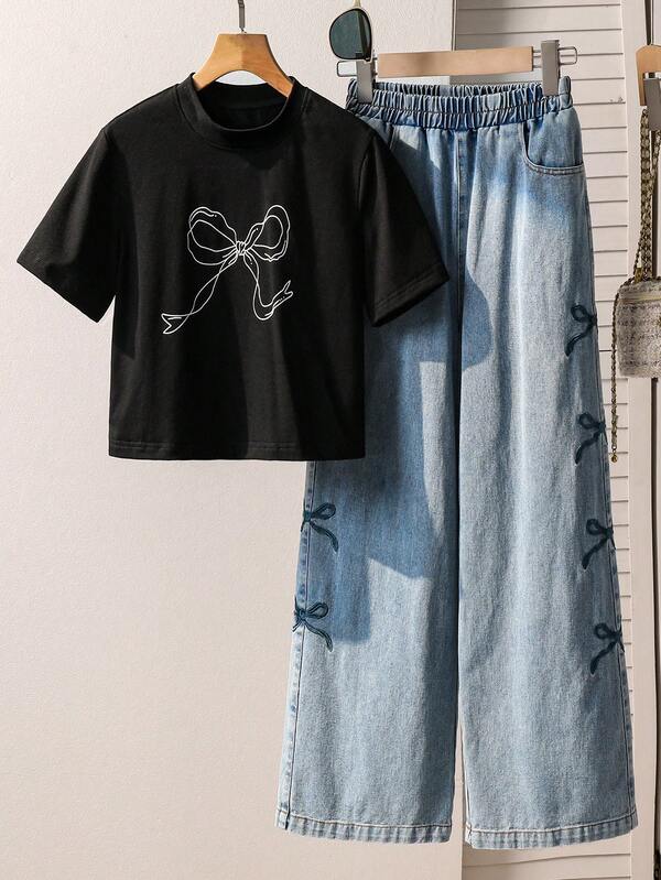 Parte superior corta de camiseta con cuello redondo y estampado de lazo, de ajuste suelto, para niñas preadolescentes, con pantalones vaqueros de pierna ancha y lazo decorativo, cómodo para uso diario, ir y venir, salir, fiesta, sesión de fotos