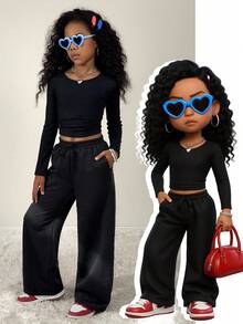 Coolane Tween Girls Four Seasons 2pcs/Set Round Neck Solid Color Fitted Long Sleeve Top And Pants Fall Winter - Black - View 6