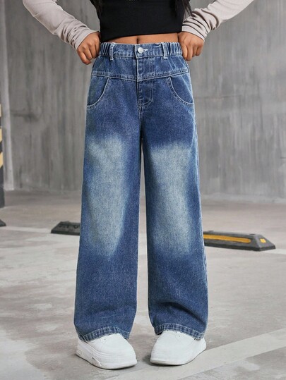 1pc Girls' Casual Loose Fit Star Embroidered Wide Leg Jeans, Comfortable And Versatile For Everyday Wear Fall Winter