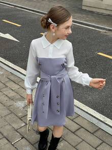 Tween Girl White Collared Button-Down Belted Dress Fall Winter - White - View 7