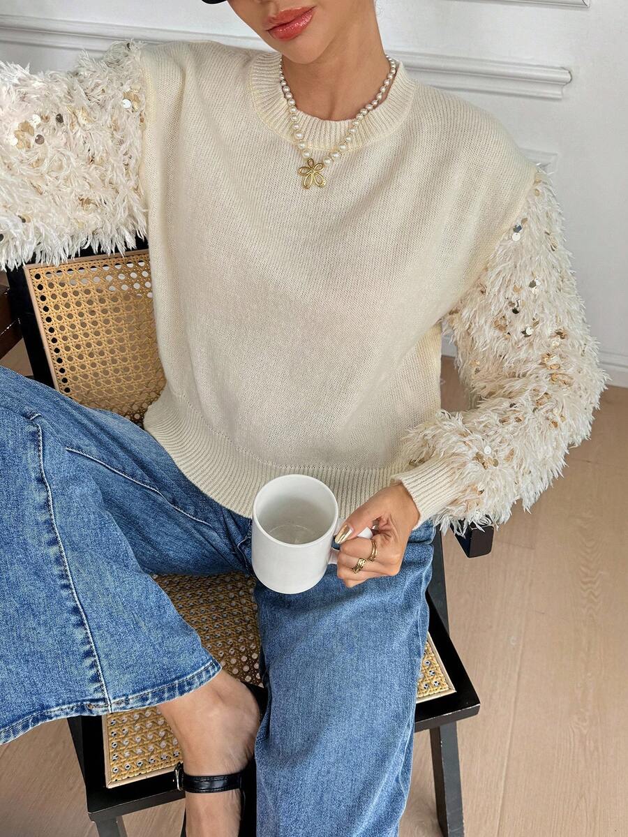 SHEIN Frenchy Women's Fashion Sequin Decor Round Neck Long Sleeve Sweater,Fall And Winter, Christmas,New Year - Apricot - View 1