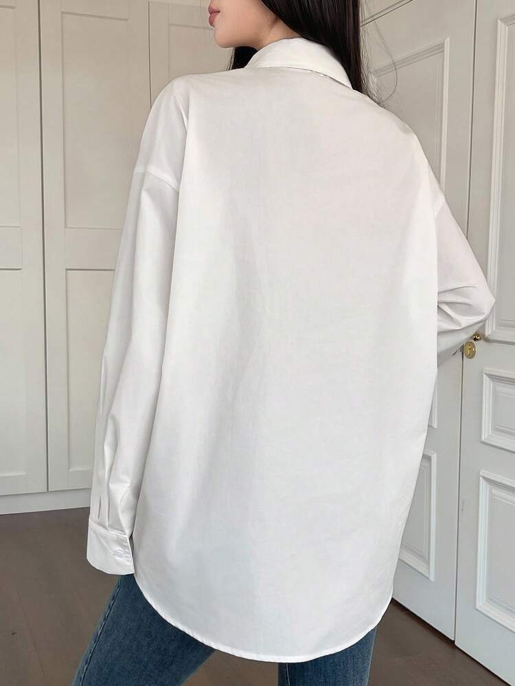 Women's Loose Fit Oblique Collar Metal Button Long Sleeve Casual Vintage Blouse, Autumn/Winter