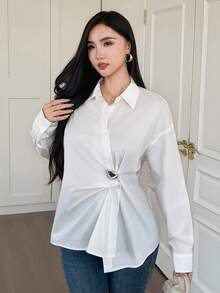 DAZY Blouse vintage décontractée à manches longues, col oblique avec boutons métalliques, coupe ample, pour femmes, automne/hiver - Blanc - Voir 4