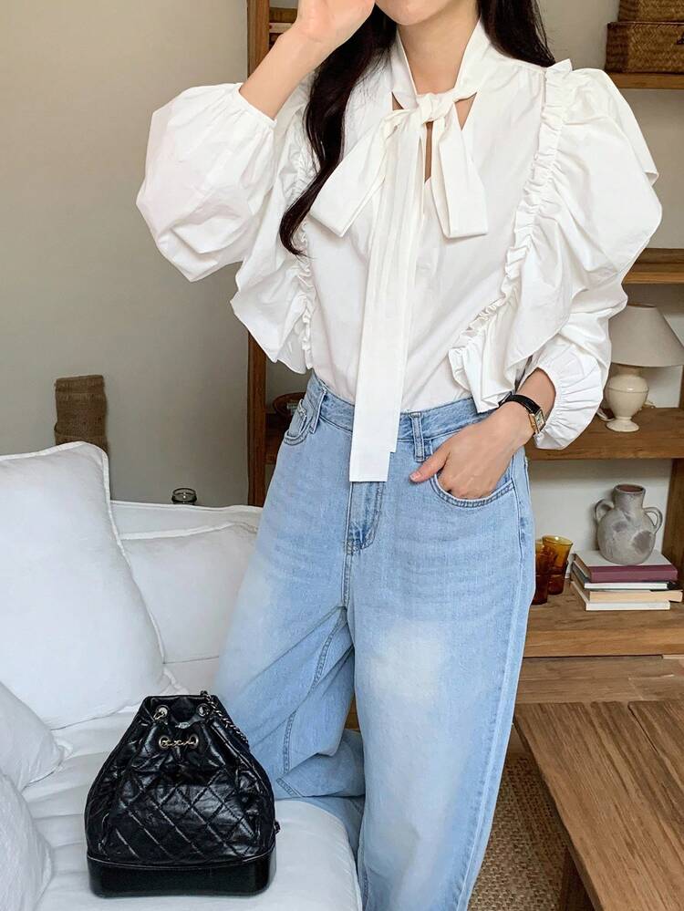 Women's Cap Sleeve Korean Style Elegant Long Sleeve Blouse, Autumn/Winter