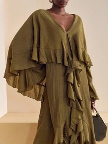 Veslaya Váy xòe bồng bềnh Bohemian cỡ lớn đầu xuân 2026 mới - xanh quân đội - Xem 7