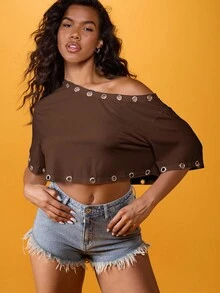 MISSGUIDED Off-Shoulder Crop Top mit metallischen Ösen, oversized, locker sitzend, Sommer Festival Lässig Beach Club Mode, weite Ärmel, kurze Länge
