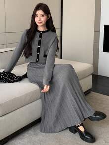 DAZY Bộ áo len cardigan cổ tròn và chân váy 2 món màu tương phản dành cho nữ, mùa thu - Xám - Xem 5