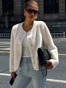 DAZY Women's Solid Color Round Neck Regular Jacket, Autumn Women Coats - Beige - View 1