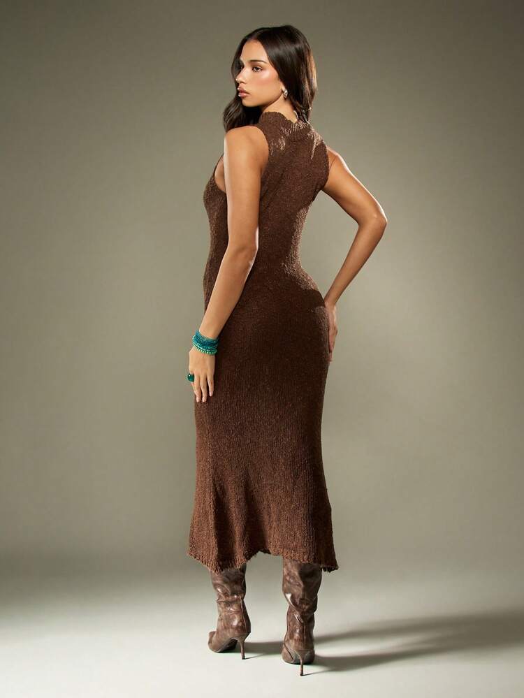 MISSGUIDED Gestricktes Kleid mit Stehkragen, ärmelloses Pulloverkleid für Herbst und Winter, Feiertagsparty, knielang, schlank geschnitten, elegantes Midikleid