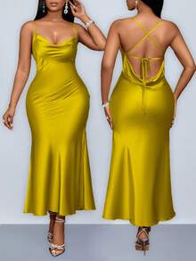 SOLERSUN 大码女装 挂脖、吊带、摆领、口袋领、低腰、交叉露背、鱼尾、长款绿色抹茶绿连衣裙、性感优雅派对礼服、姐妹晚礼服、女士长款缎面女装/春季女装 婚礼宾客礼服 女式演唱会服装 - 芥末黃 - 查看 1