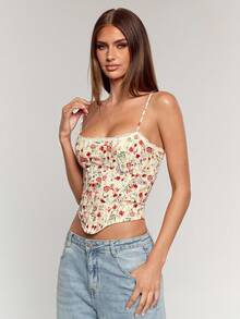 SHEIN BAE Débardeur ajusté sexy avec bordure en dentelle et lien dans le dos pour femmes - Rouge - Voir 5