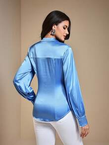 JIAN LASALA Stehkragen Laterne Langarm Figurbetontes Satin Knopfleiste Bluse Damen Frühling Herbst Elegant Winter Hochzeitsgast Luxuriöse Stilvolle Bekleidungskollektion - Blau - Übersicht 2