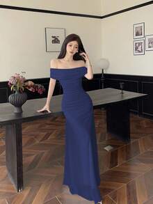 Modelyn Váy cưới/tiệc tùng trễ vai nhún eo thanh lịch cho nữ - Xanh đậm - Xem 6