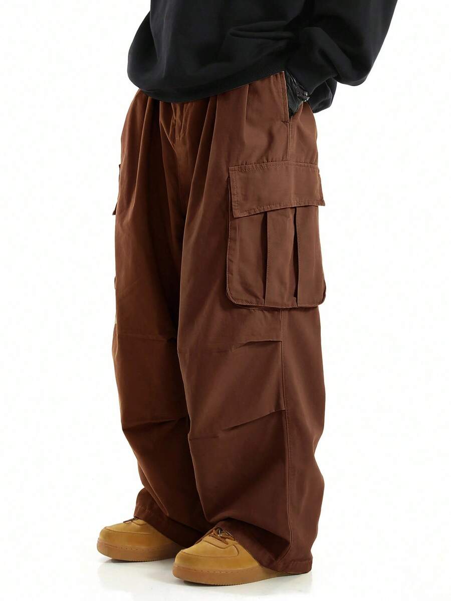 Manfinity Roghcode Loose Men's Flap Pocket Side Drawstring Waist Cargo Pants, For Fall - Rust Brown - View 1
