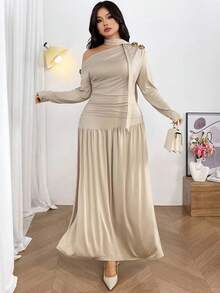 Firerie 2 件套：围巾领长袖宽松裙 - 杏色 - 查看 1