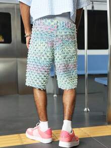 PAVTROS Men's Summer Fashion Street Gradient Slant Pocket Frayed Hem Wide Leg Denim Shorts - Light Wash - View 2