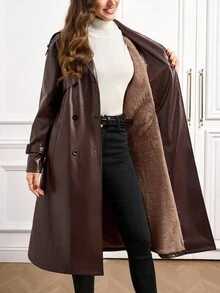 Ellevyn Fashionable Angola Red PU Leather Lined Long Windbreaker, Autumn/Winter,Fall - Burgundy - View 15