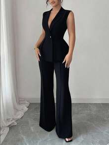 Elenzga Bộ vest nữ thanh lịch lãng mạn cổ bẻ không tay cỡ lớn - màu đen - Xem 4