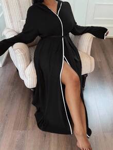 Napfluff CURVE Napfluff CURVE Soft Knit Floral Gauze Casual Hooded Loungewear Plus Size Robe, Fall & Winter, Cozy Outfit - Black - View 8