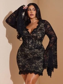 SHEIN BAE Plus Size Women's Lace Patchwork Mini Dress, Elegant Long Sleeve Bandeau Party Dresses, Olive Green, Autumn, Wedding Guest Outfits, Formal Curve Fall - Black - View 5