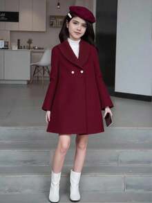 SHEIN Tween Girl Vintage Christmas Red Fall/Winter Holiday Jacket With Hat - Burgundy - View 1