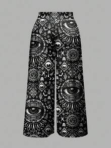 ROMWE Goth 加大码女式哥特式恐怖眼十字魔法星座女巫森林蛇头骨太阳月亮星星黑色万圣节宽松阔腿裤 - 黑色 - 查看 2