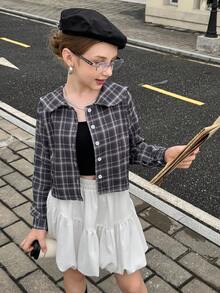 青少年女孩格子长袖单排扣彼得潘领可爱衬衫 - 彩色 - 查看 6