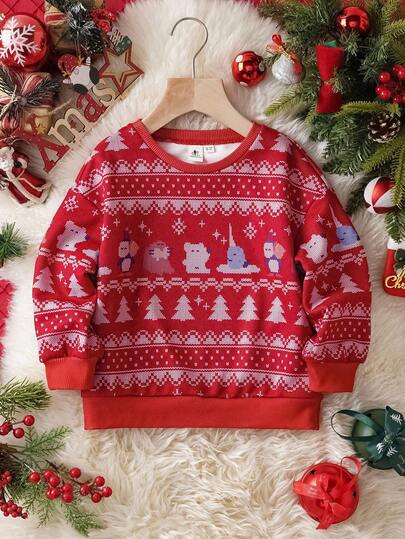 ELF X SHEIN Sudadera holgada con estampado de dibujos animados y navideños, de hombros caídos, para niña, estilo casual, otoño/invierno