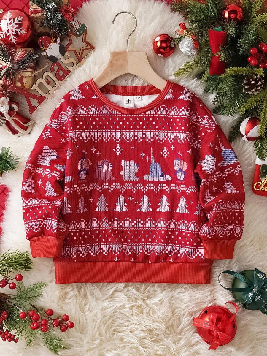 ELF X SHEIN Sudadera holgada con estampado de dibujos animados y navideños, de hombros caídos, para niña, estilo casual, otoño/invierno