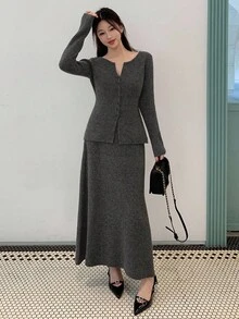 DAZY 女士纯色修身腰长袖开衫和 A 字裙优雅休闲秋冬两件套针织毛衣套装 - 灰色 - 查看 3