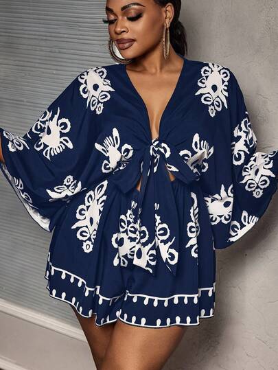 Slaydiva 大码女式休闲V领系腰宽松印花连体裤短裤