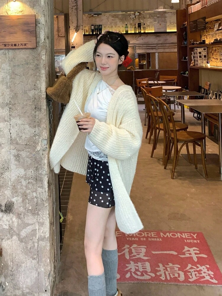 Women's Korean Style Sequin Embellished Knit Hooded Casual Long Sleeve Cardigan, Autumn/Winter
