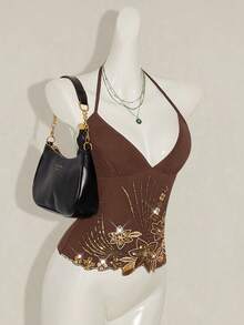 SHEIN ICON 女式 Y2K 花卉串珠刺绣不对称下摆露背修身背心，性感迷人 - 棕色 - 查看 5