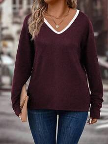 EMERY ROSE Áo thun nữ tay dài cổ chữ V màu tương phản thường ngày cỡ lớn - Đỏ - Xem 5