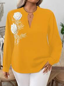 EMERY ROSE Plus Size Black Embroidered 3D Floral Rhinestone Decor Elegant Blouse For Women - Yellow - View 4