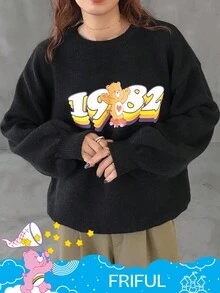 FRIFUL SHEIN X Care Bears Women's Loose Fit Crew Neck Cartoon Pattern Thermal Lined Thick Sweater - Black - View 1