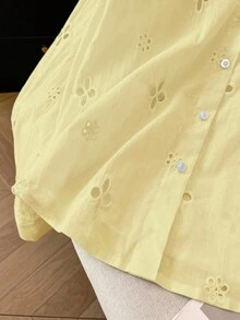 Airaco 女士纯色简约休闲镂空长袖衬衫 - 淡黃色 - 查看 6