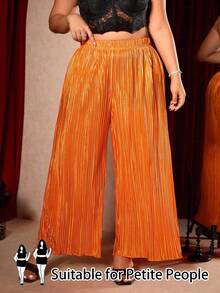 SHEIN PETITE CURVE 大码女装新款高腰宽松直筒休闲阔腿百褶裤，夏季 - 橘色 - 查看 1