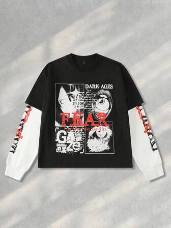 Street Life Camiseta de manga larga con estampado de patchwork 2 en 1 para hombre, estilo holgado y corto, para otoño