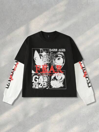 Street Life T-shirt à manches longues homme style patchwork 2 en 1 imprimé, style ample et court, pour l'automne