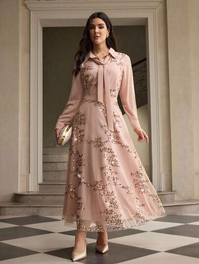 ZEYLAH Falda de línea A con diseño de lentejuelas y malla, glamorosa y romántica para mujer