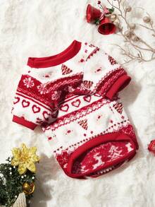 PETSIN 1 件宠物圣诞红熊心雪花几何提花羊毛保暖圆领狗狗运动衫