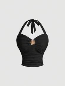 SHEIN MOD 度假吊带 V 领花卉金属扣针织纹理修身女士套装 - 黑色 - 查看 6
