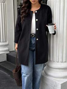 Easura Plus Size Casual Solid Color Jacket, Autumn/Winter Fall Cloth For Women - Black - View 5