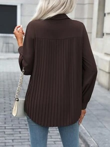 EMERY ROSE Áo sơ mi nữ cổ bẻ màu trơn, thường ngày/công sở, mở phía trước, xếp ly phía sau và viền cong, tay dài, mùa xuân/thu - Cà phê nâu - Xem 2