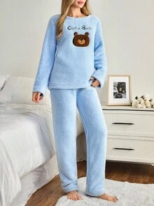 EURMUSE 女士两件套毛绒绒可爱小熊刺绣家居睡衣套装 - 藍色 - 查看 3
