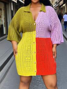 Slaydiva Plus Size Colorful Striped Cardigan With Gradient Hollow-Out Design, Dopamine Inspired Short Sleeve Unisex Top, Summer Crochet Dress Two Piece Set Women Knit Dress Multicolor Crochet Dress 2 Piece Dress