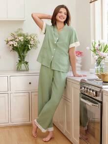 Snug Reverie Women's Contrast Color Ruffled V-Neck Short Sleeve Top & Pants Pajama Set Lounge Set - Green - View 5