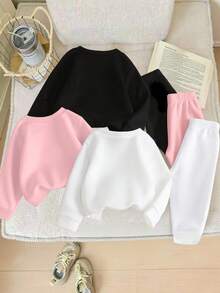 SHEIN Playful Pals 6 pièces/set Sweat-shirt et pantalon de survêtement imprimé lettres pour bébés filles, mode décontractée noir blanc rose 3 couleurs, ensemble de sweats à capuche et pantalons col rond chauds, tenue de base polyvalente pour l'automne/l'hiver