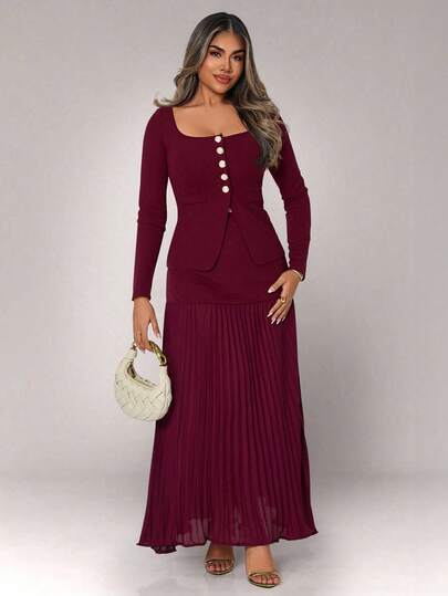 Xyvia 2 件套女士套装：纯色纽扣前上衣和百褶裙